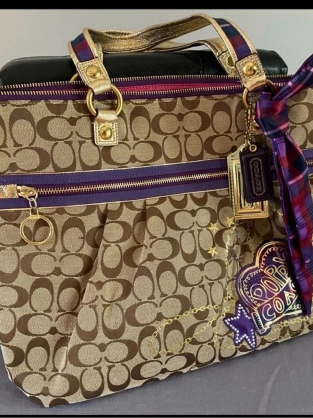 Vintage Coach Poppy Tartan Plaid Glam Tote Bag with twilly